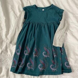 Tea Collection size 6 Girls Teal Peacock Dress with Grey Long Sleeve 100%cotton